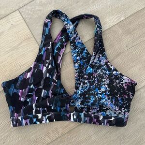 Fabletics Black and Purple Patterned Sports Bra